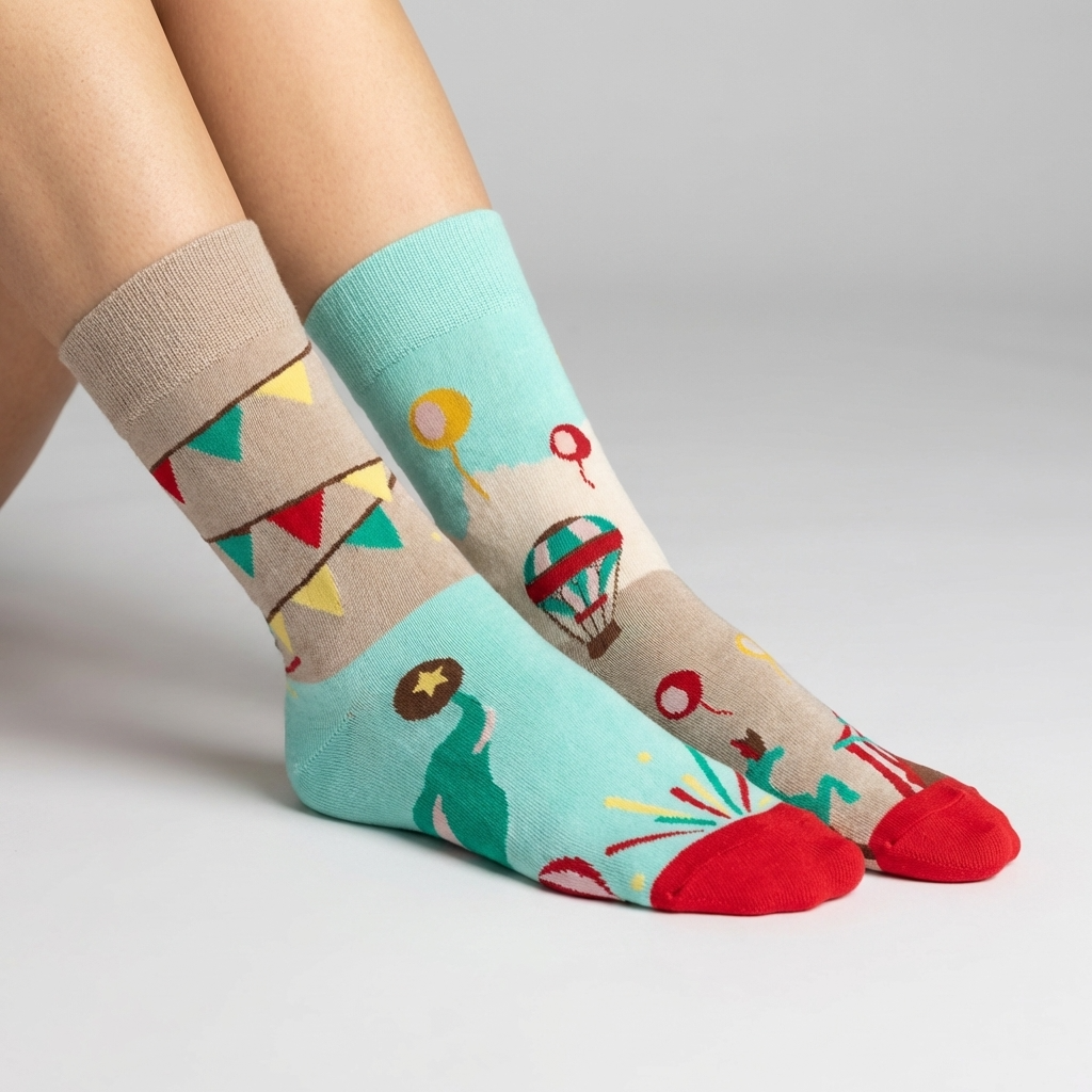 Colorful socks with cartoon designs on a neutral background