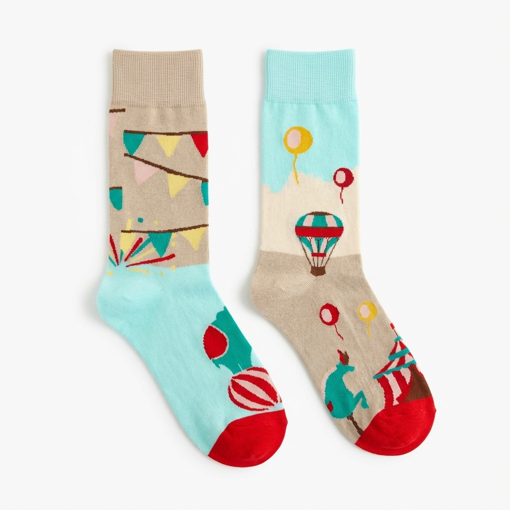 Two colorful socks with cartoon designs on a white background