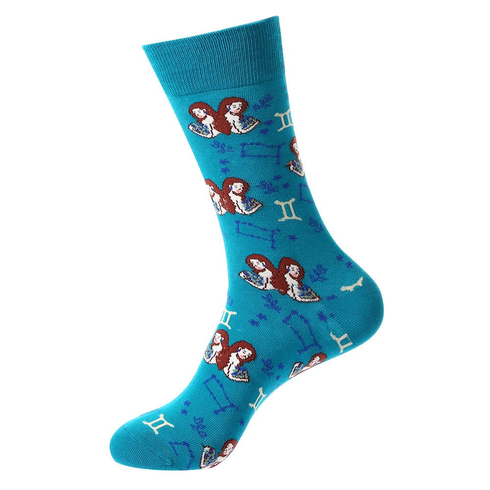 Teal constellation socks with Gemini twin figures, zodiac symbols, and star patterns – unisex crew cotton blend