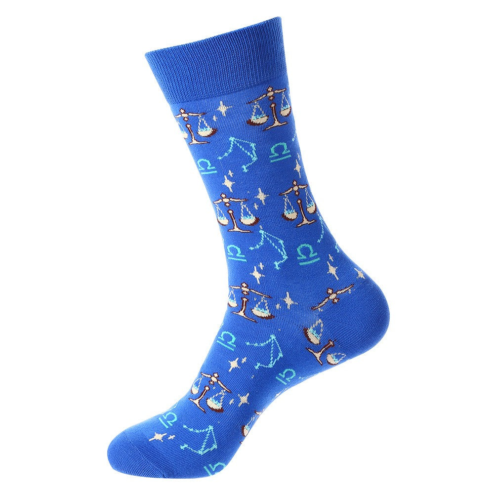 Blue constellation socks with Libra zodiac scales and star patterns – unisex cotton crew socks