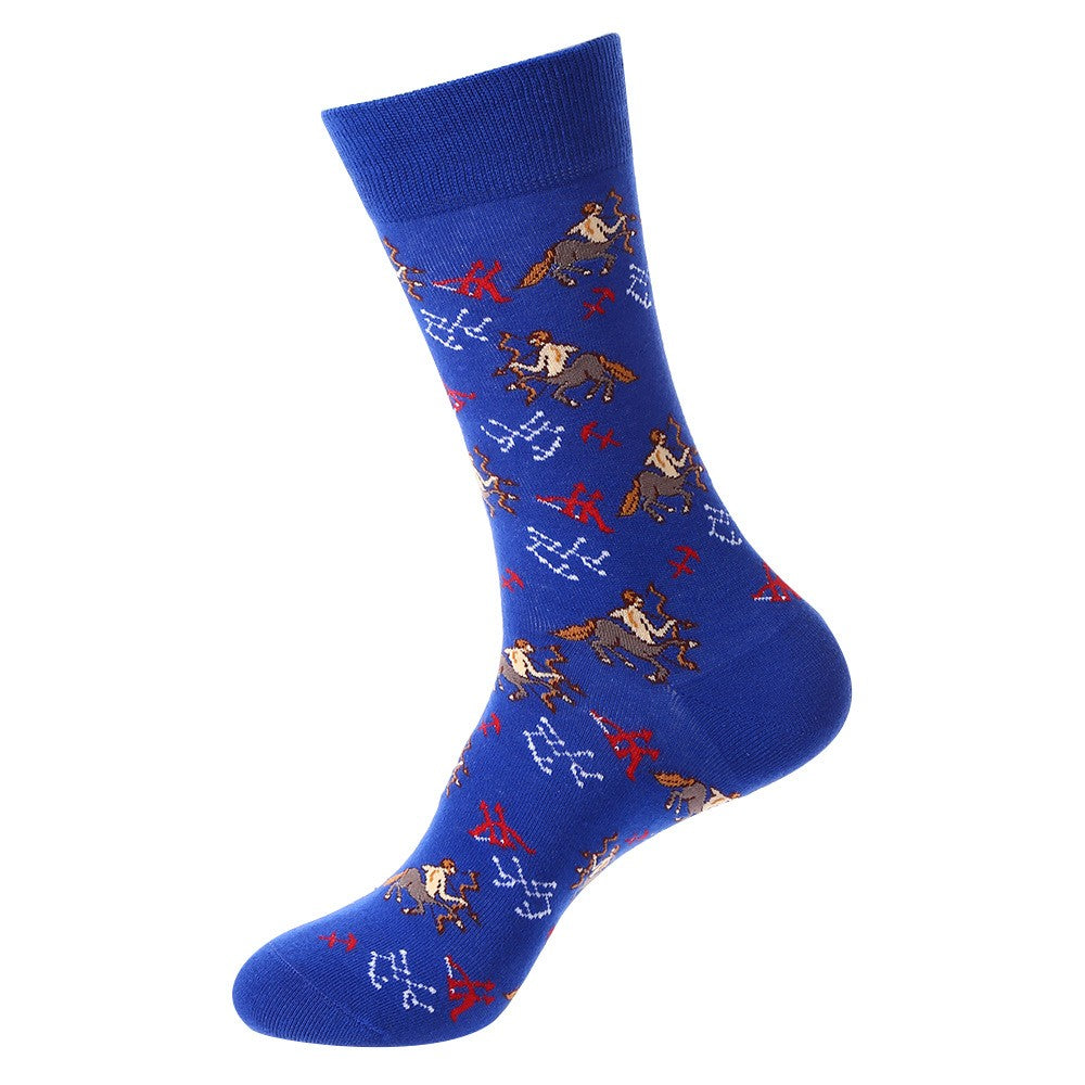 Blue constellation socks with Sagittarius zodiac archer and star patterns – unisex cotton crew socks