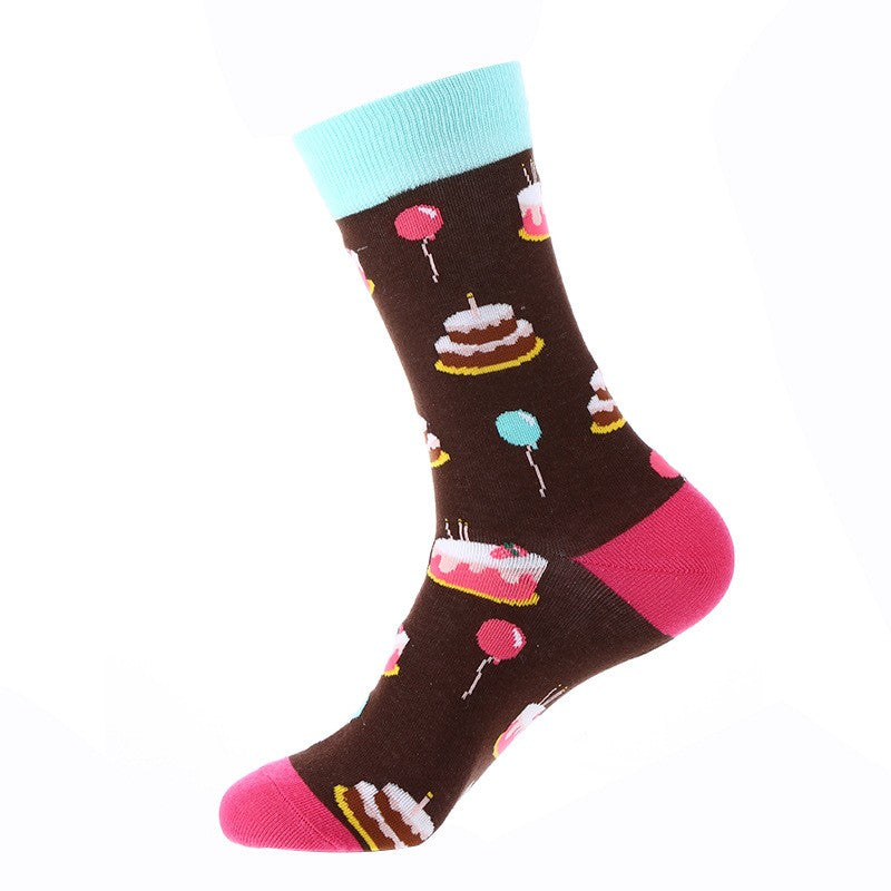 Brown novelty socks with birthday cake, balloons, and candles – unisex dessert party socks