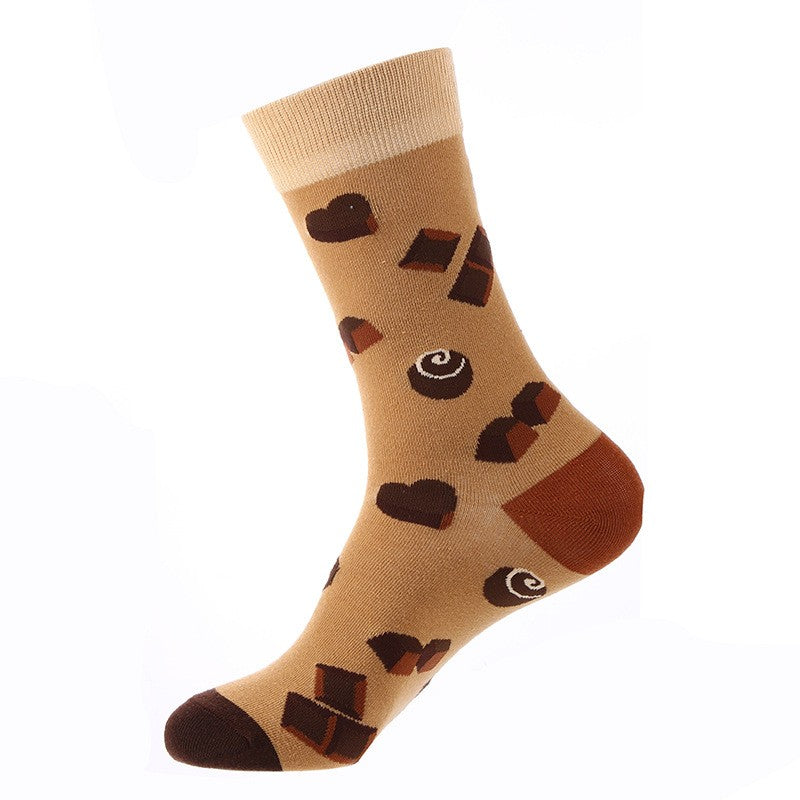Brown novelty socks with chocolate truffle, candy, and bar pattern – unisex dessert socks