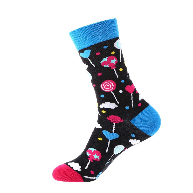 Black novelty socks with colorful lollipops, hearts, and clouds – unisex candy-themed socks
