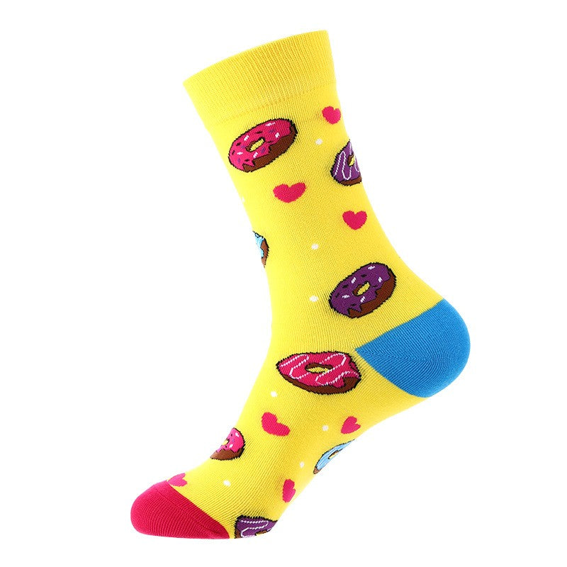 Yellow novelty socks with colorful sprinkled donuts and red heart designs – unisex dessert socks