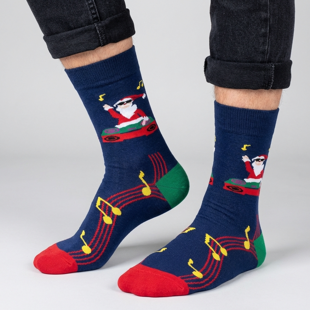Navy blue socks with a Santa Claus design on a white background