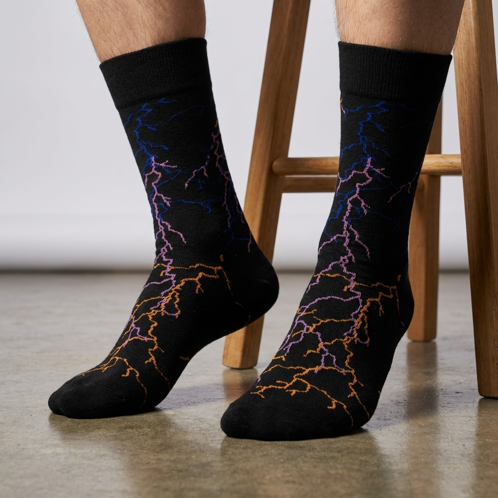 Black socks with lightning pattern worn by a person sitting on a wooden stool.