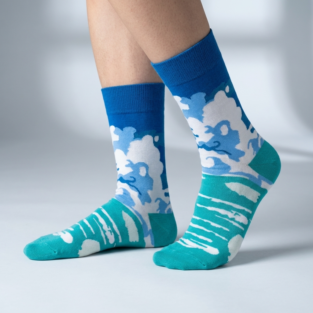 Blue and turquoise socks with cloud design worn by a person on a light gray background