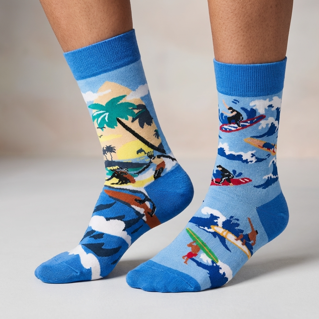 Colorful socks with beach-themed designs worn by a person on a neutral background
