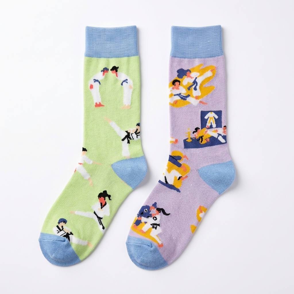 Two socks with colorful designs on a white background