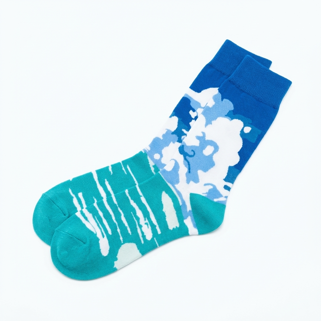 Blue and turquoise socks with white abstract design on a white background