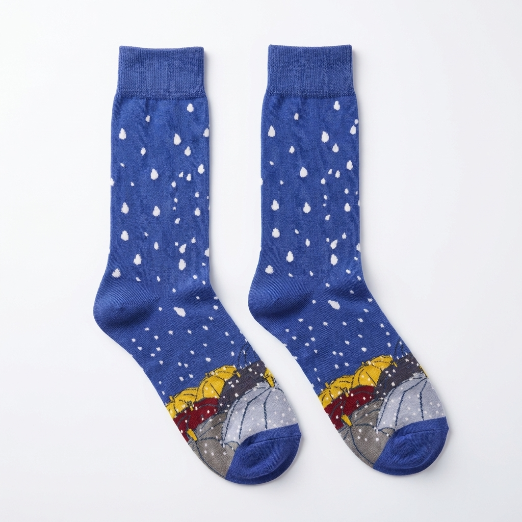 Blue socks with white speckles and colorful patterns on a white background