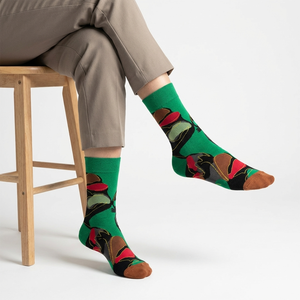 Person wearing green socks with colorful abstract designs, sitting on a wooden stool.