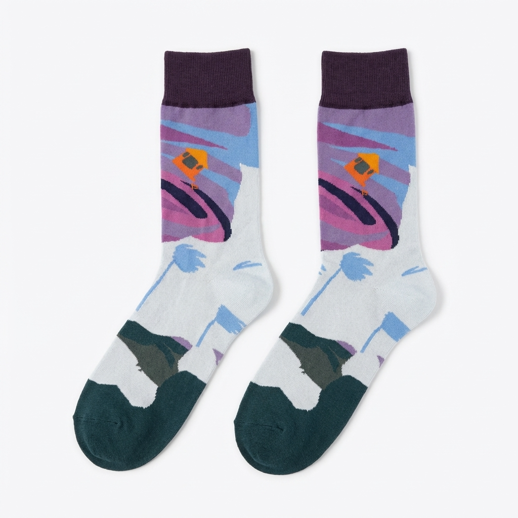 Colorful socks with abstract designs on a white background