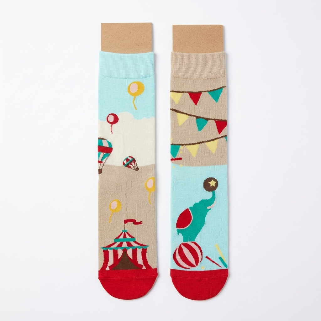 Two socks with circus-themed designs on a light gray background