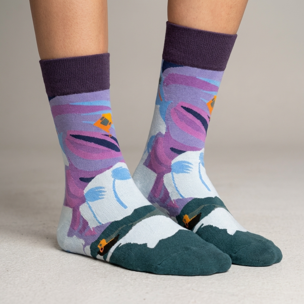 Colorful socks with abstract design worn by a person on a neutral background