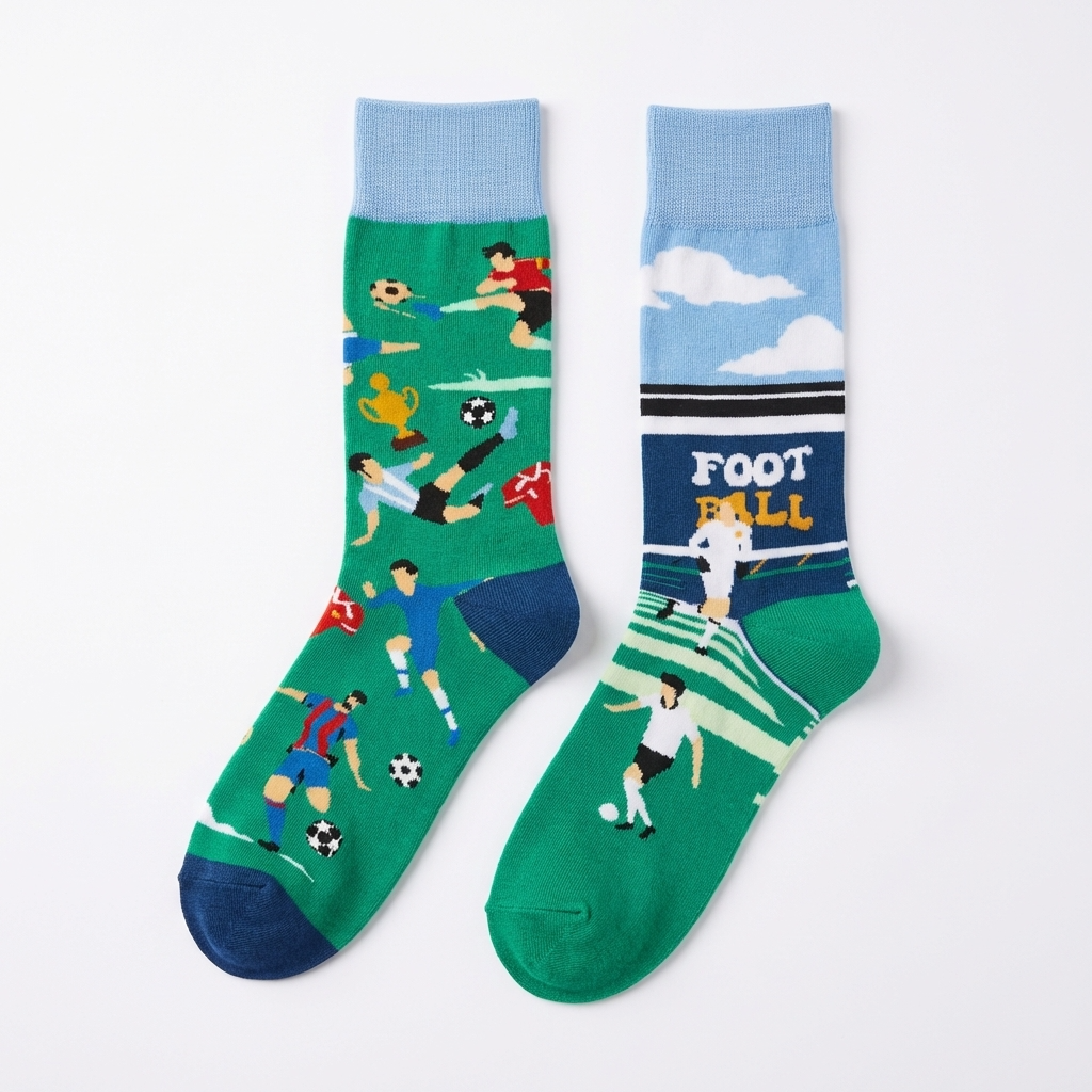 Two socks with soccer-themed designs on a white background
