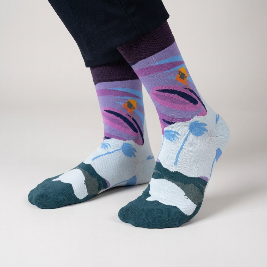 Colorful patterned socks worn by a person on a plain background