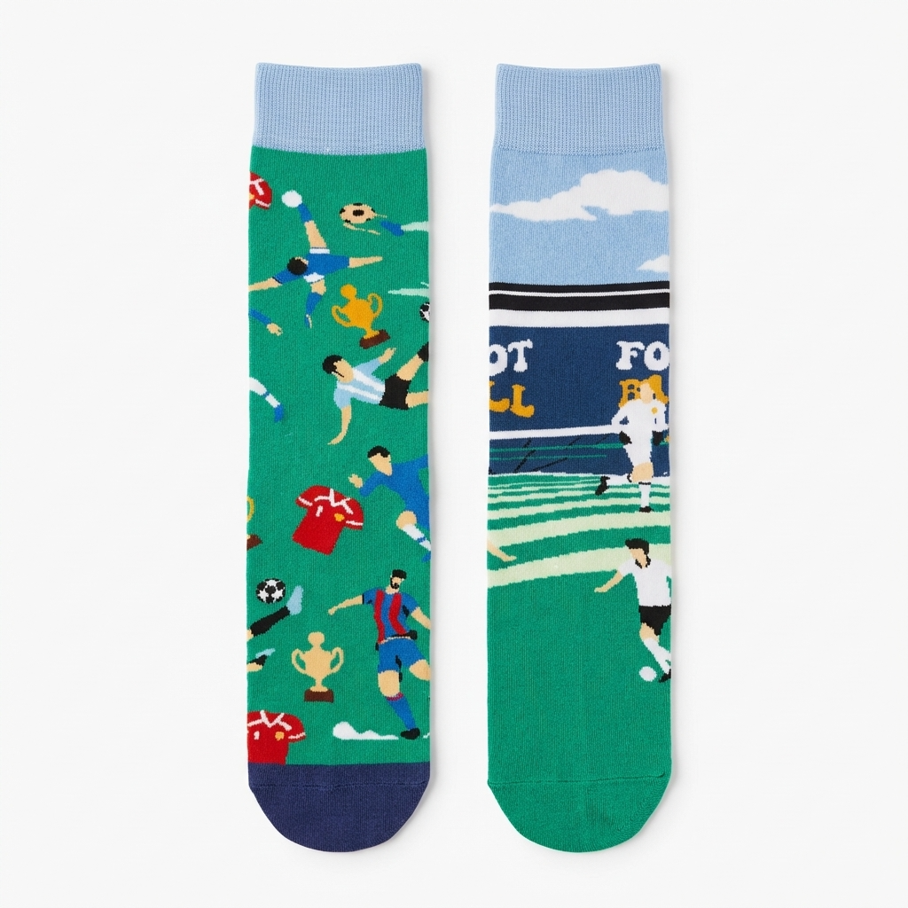 Two socks with soccer-themed designs on a white background
