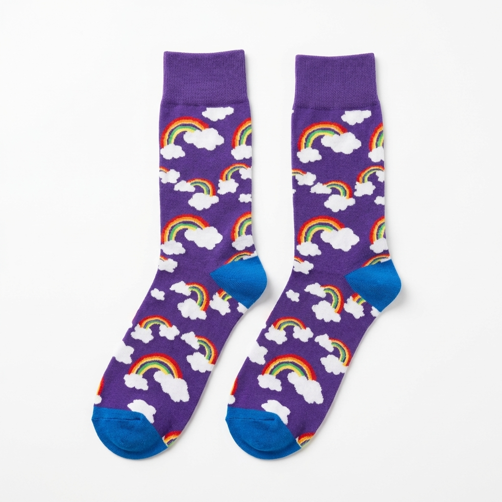 Purple socks with rainbow and cloud patterns on a white background