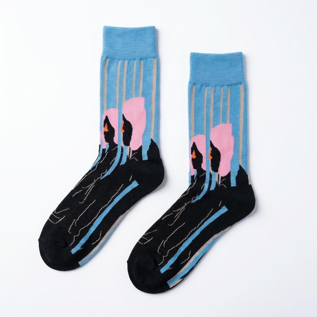 Pair of socks with abstract design on a light blue background