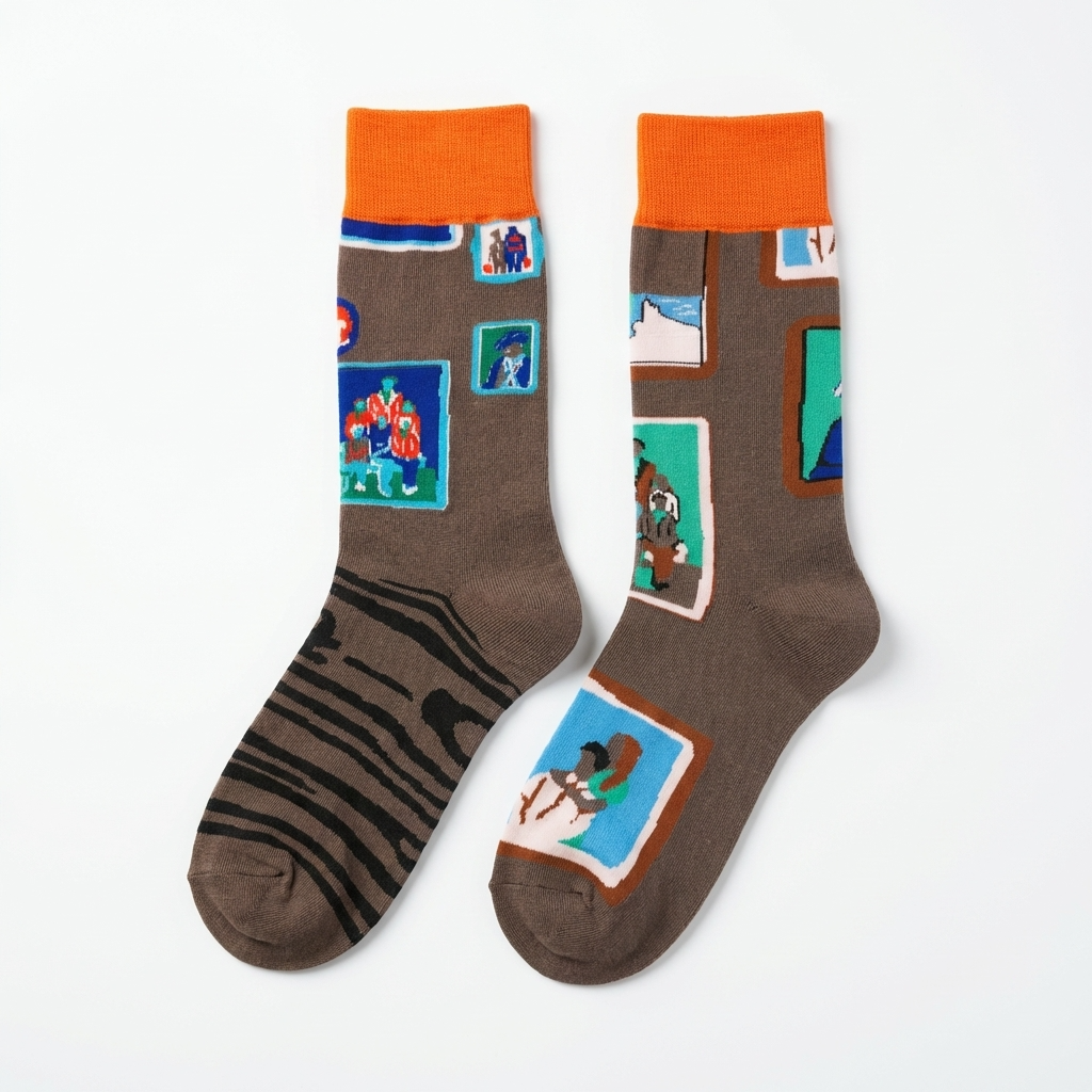 Pair of socks with colorful designs on a white background