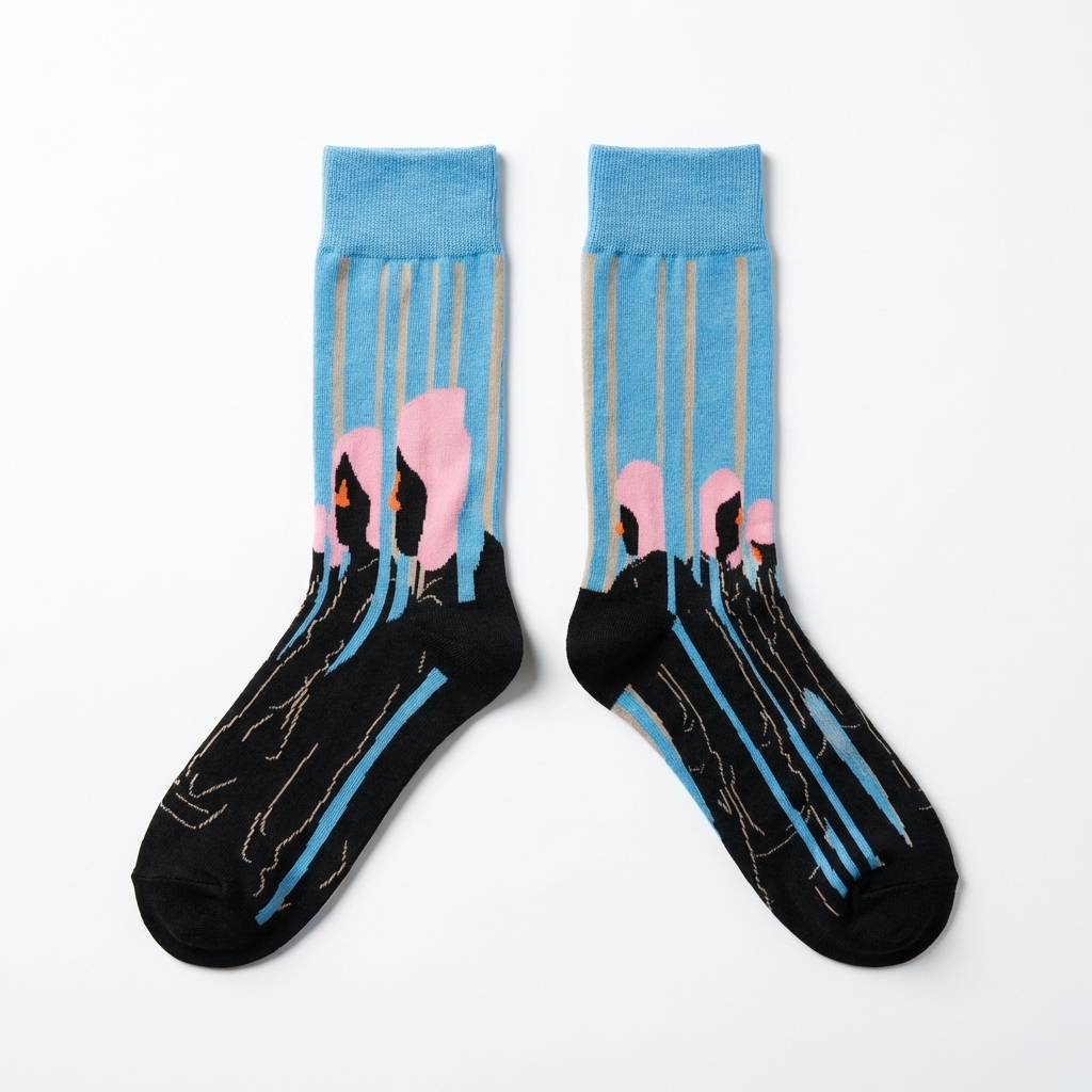 Pair of socks with flamingo design on a light blue background