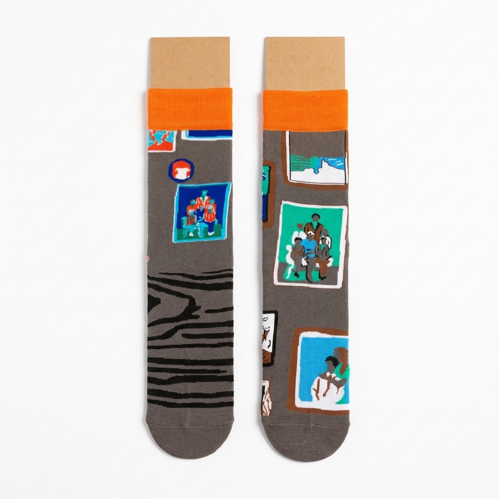 Pair of socks with graphic designs on a white background