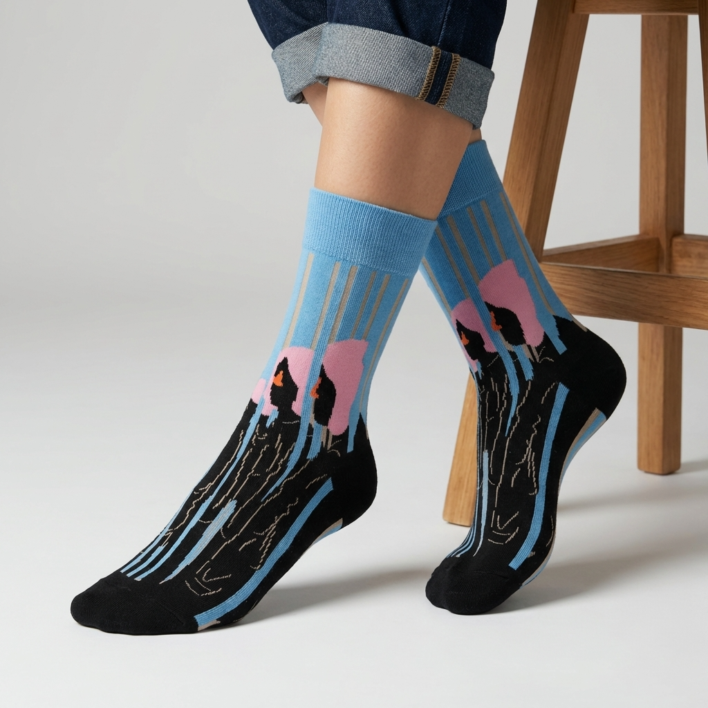 Person wearing blue and black patterned socks on a light background