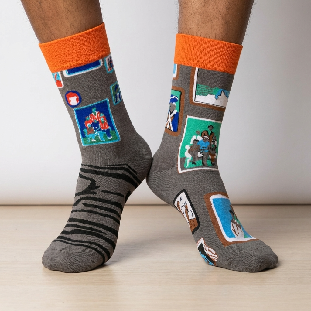 Gray socks with colorful designs and orange cuffs worn by a person on a light wooden floor.