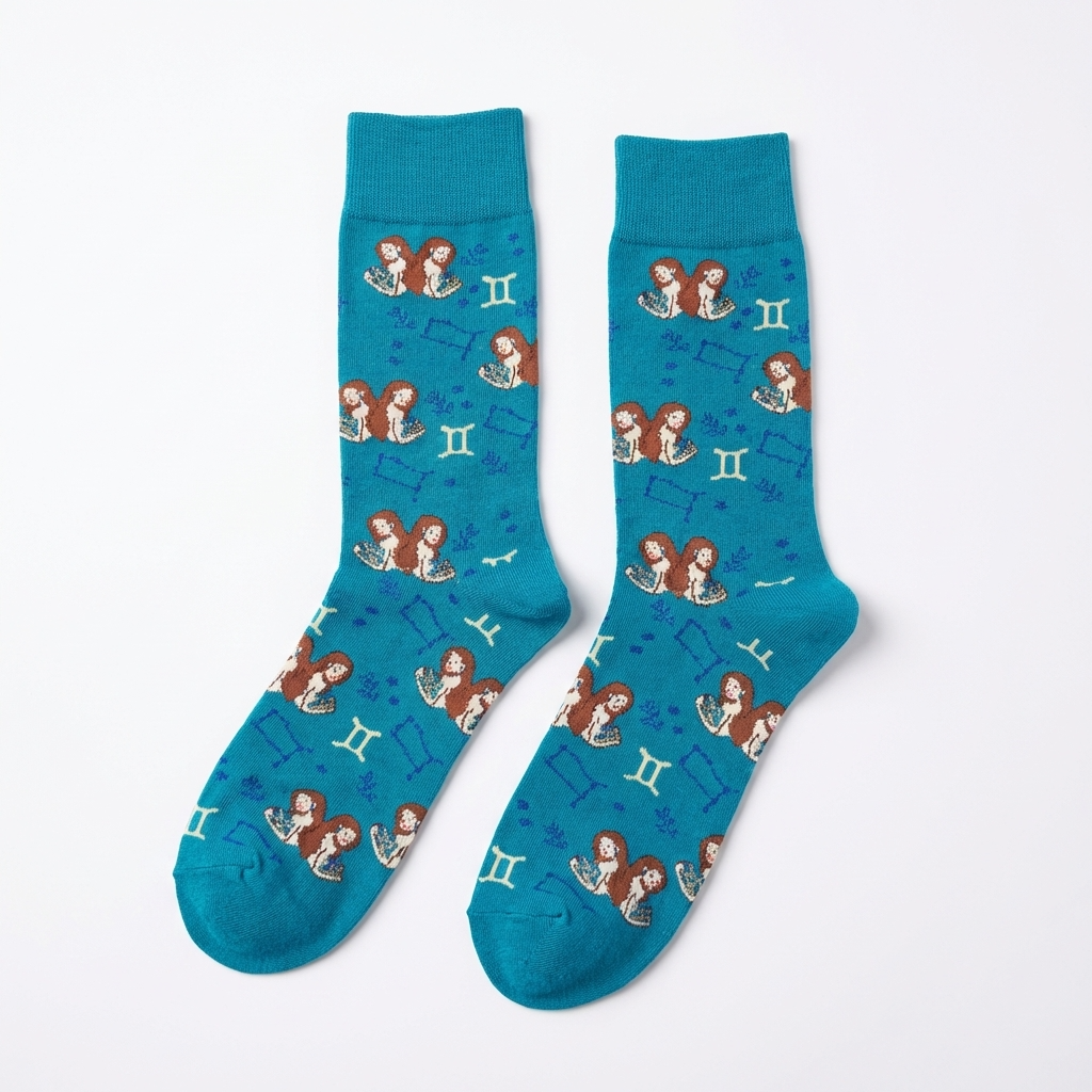 Pair of blue socks with cartoon character and zodiac sign pattern on a white background