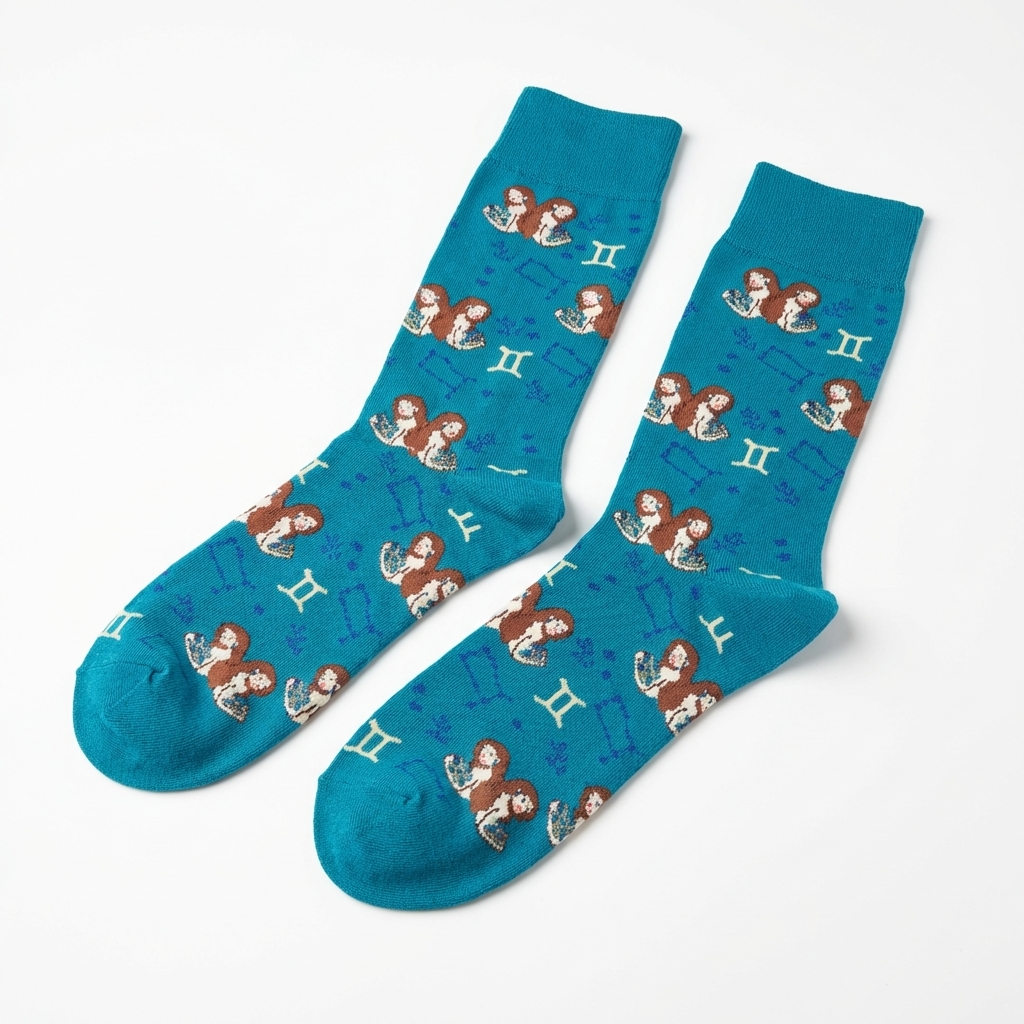 Teal socks with zodiac design on a white background