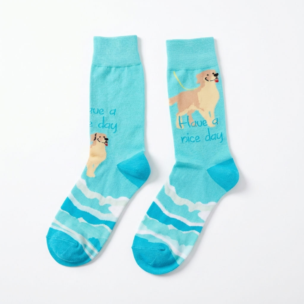 Pair of light blue socks with dog illustrations and text on a white background