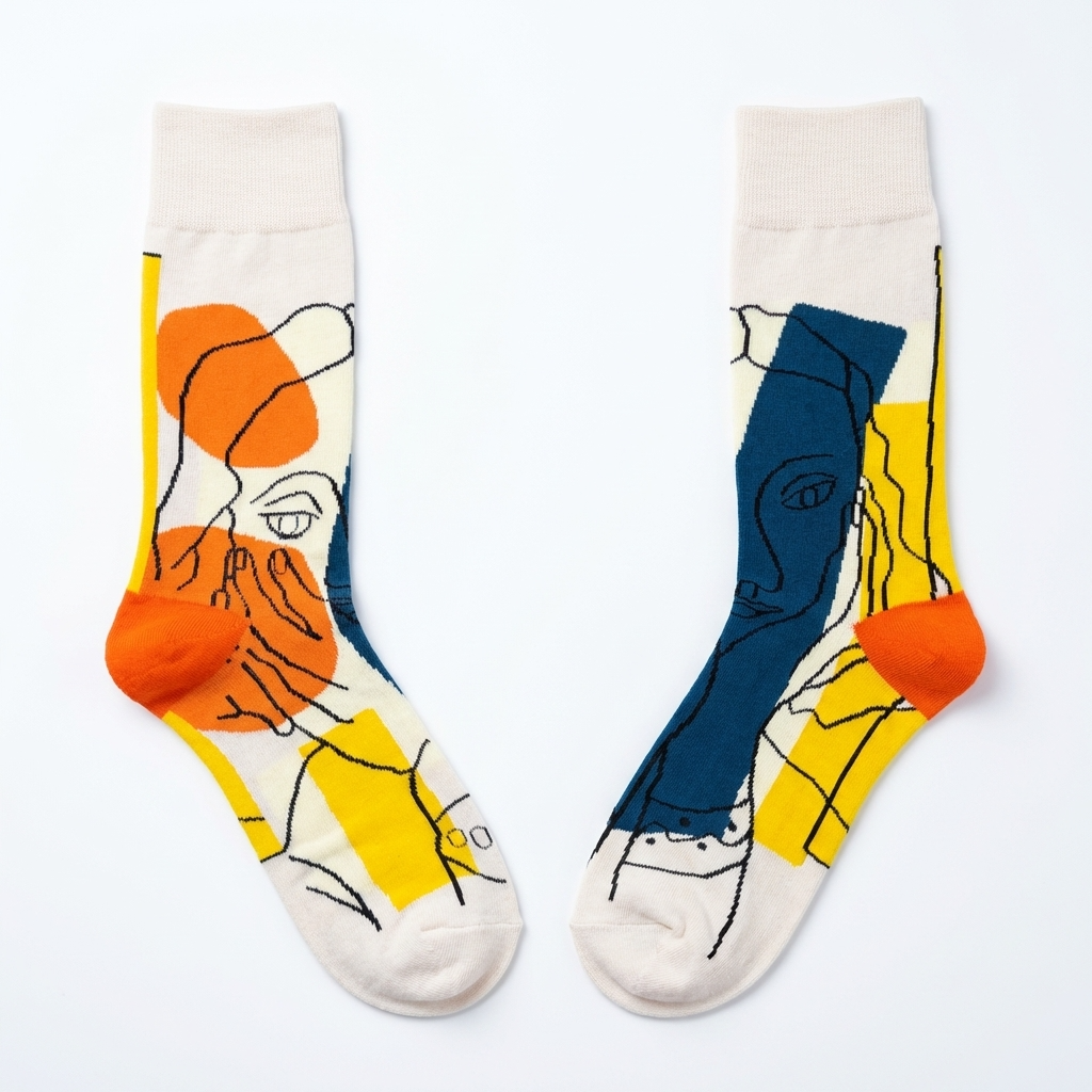 Pair of socks with abstract designs on a white background