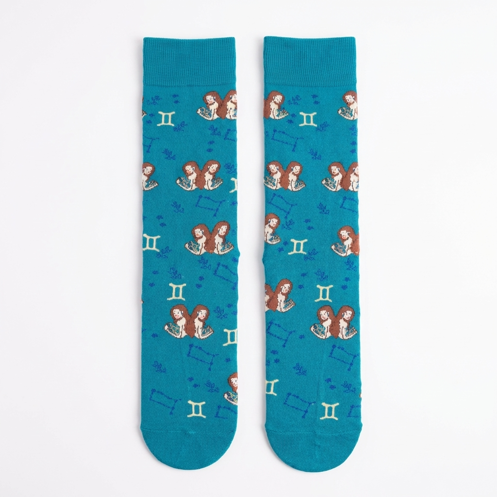 Teal socks with mermaid and zodiac sign pattern on a white background