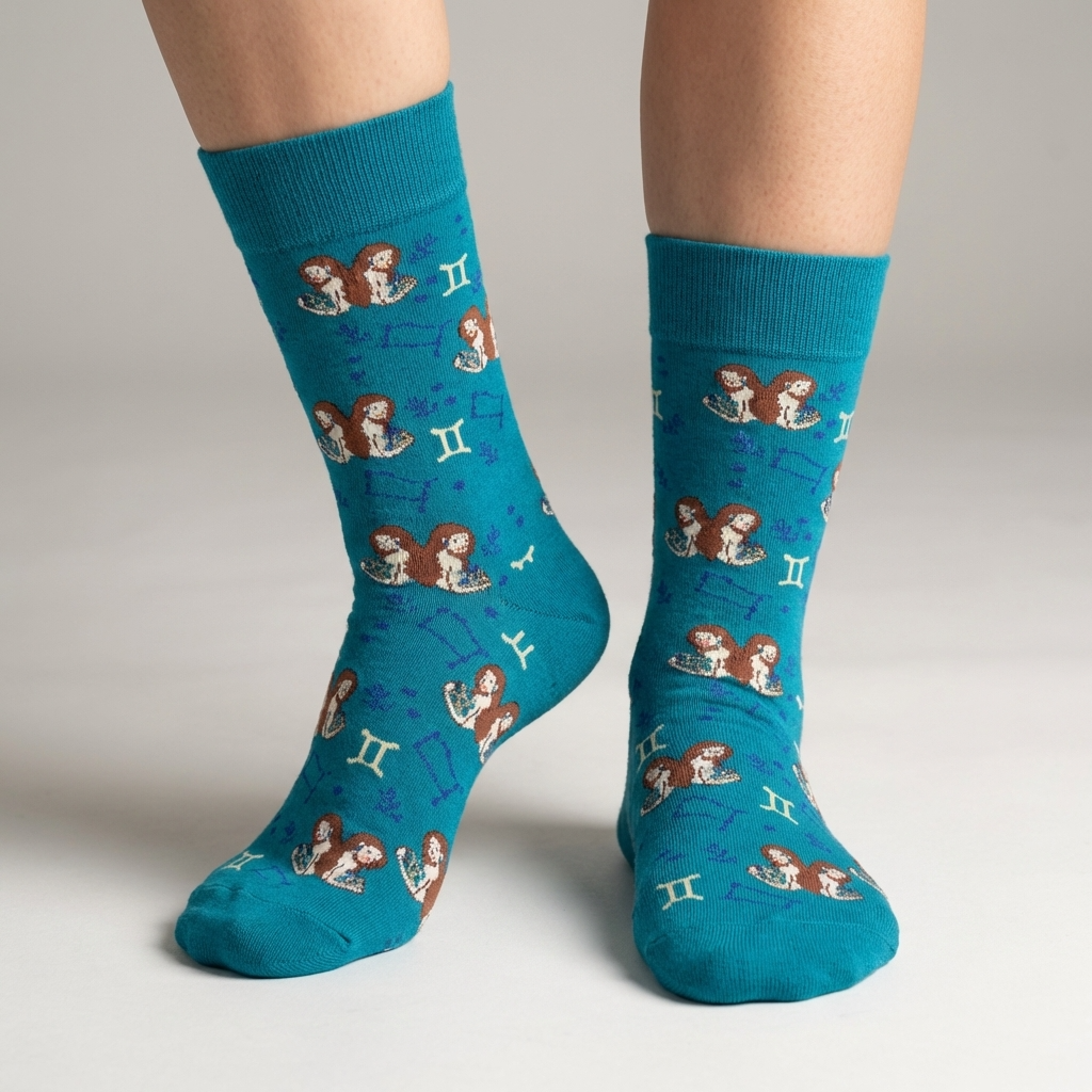 Teal socks with zodiac designs worn by a person on a neutral background