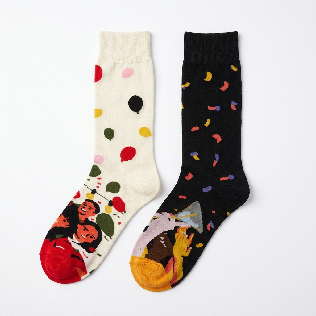 Pair of socks with a design on a white background