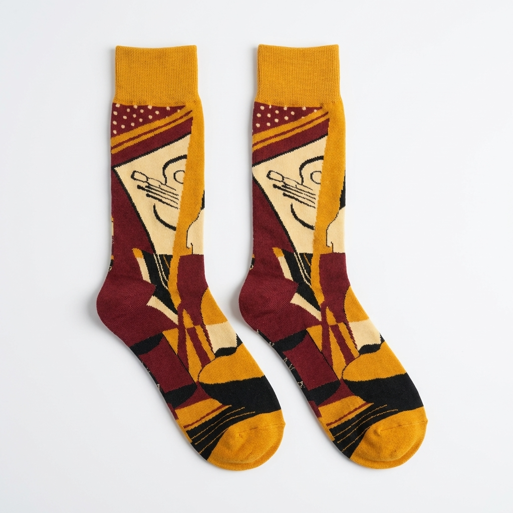 Pair of socks with geometric pattern on a light gray background