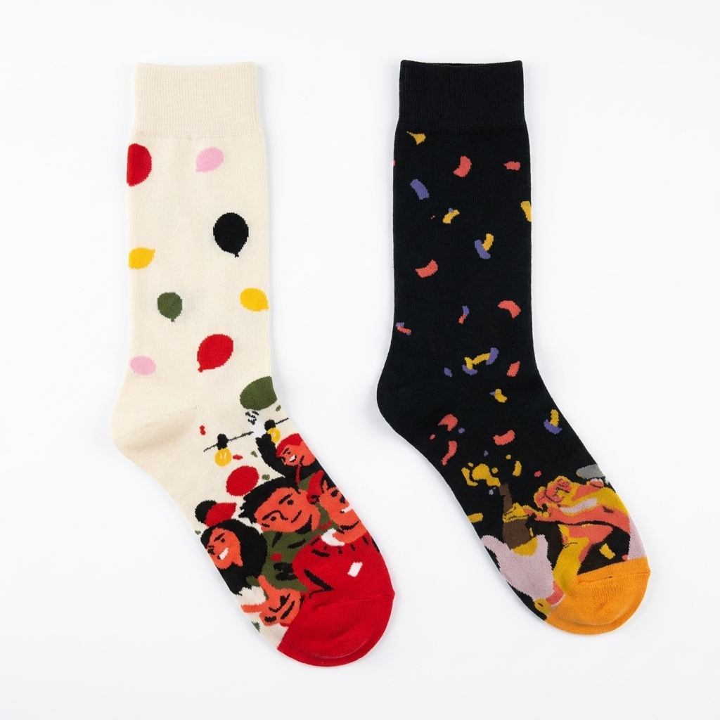 Two pairs of socks with colorful designs on a white background
