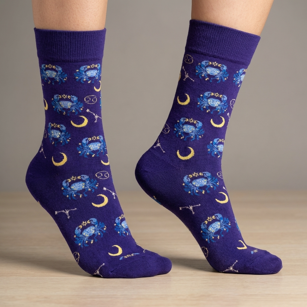 Purple socks with blue floral and yellow moon designs on a neutral background