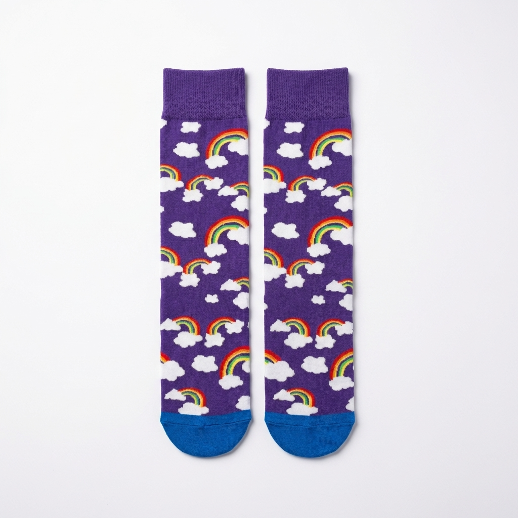 Purple socks with rainbow and cloud pattern on a white background