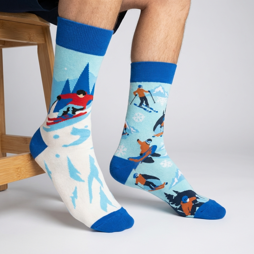 Colorful socks with skiing design worn by a person sitting on a chair.