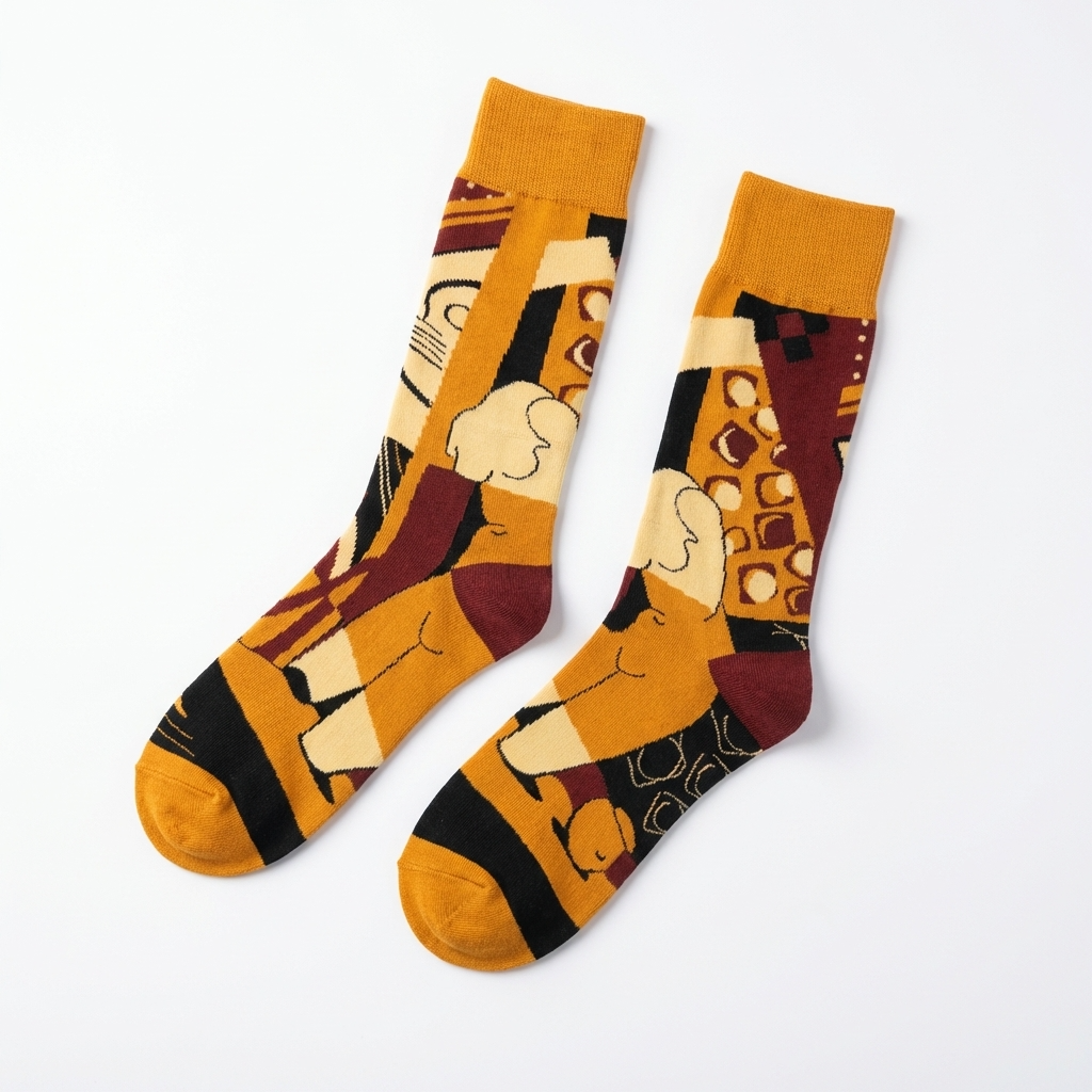 Pair of socks with abstract design on a white background