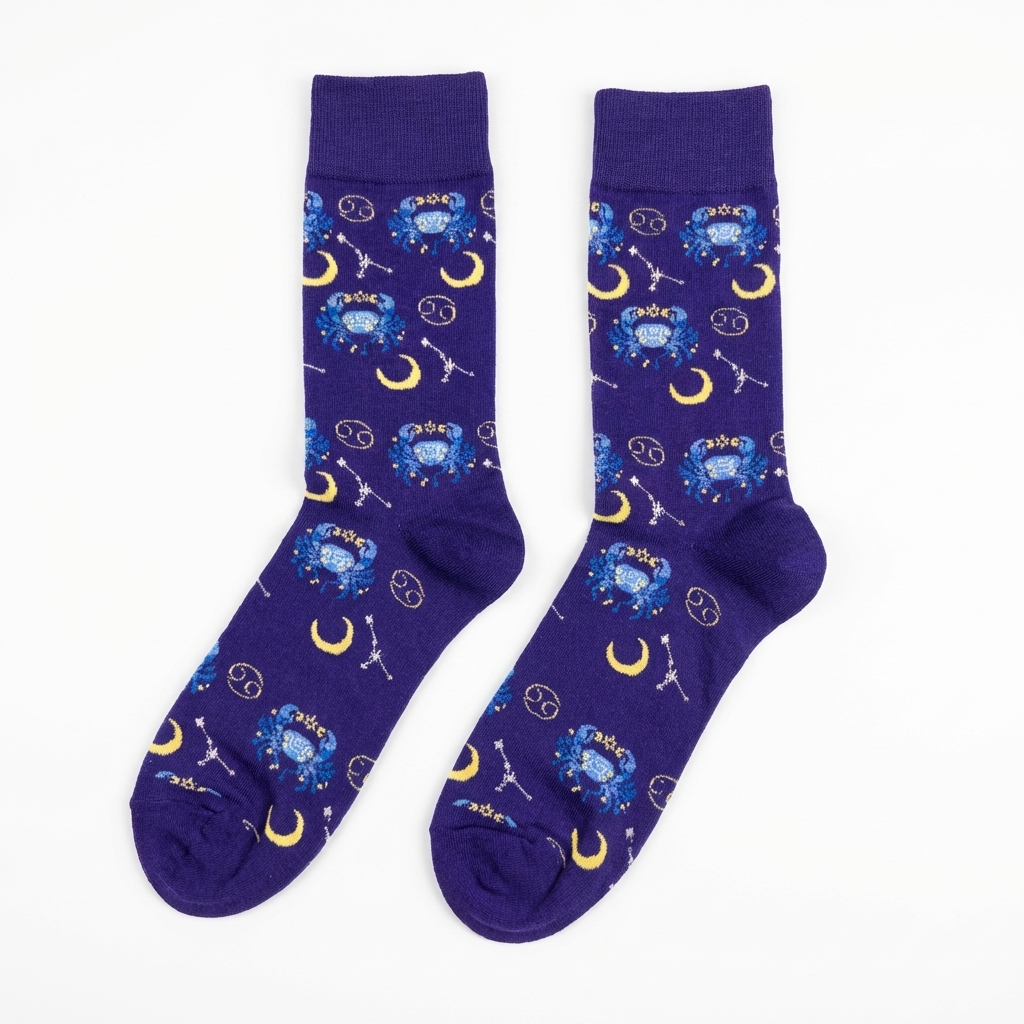 Pair of purple socks with celestial pattern on a white background
