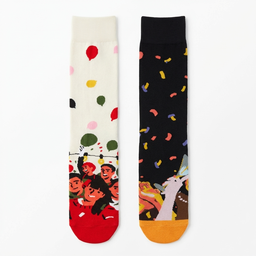 Two socks with colorful designs on a white background