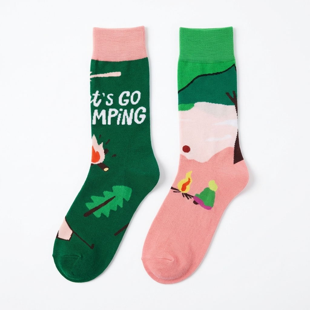 Two pairs of socks, one green with 'Let's Go Camping' text and the other pink with a campfire design, on a white background.