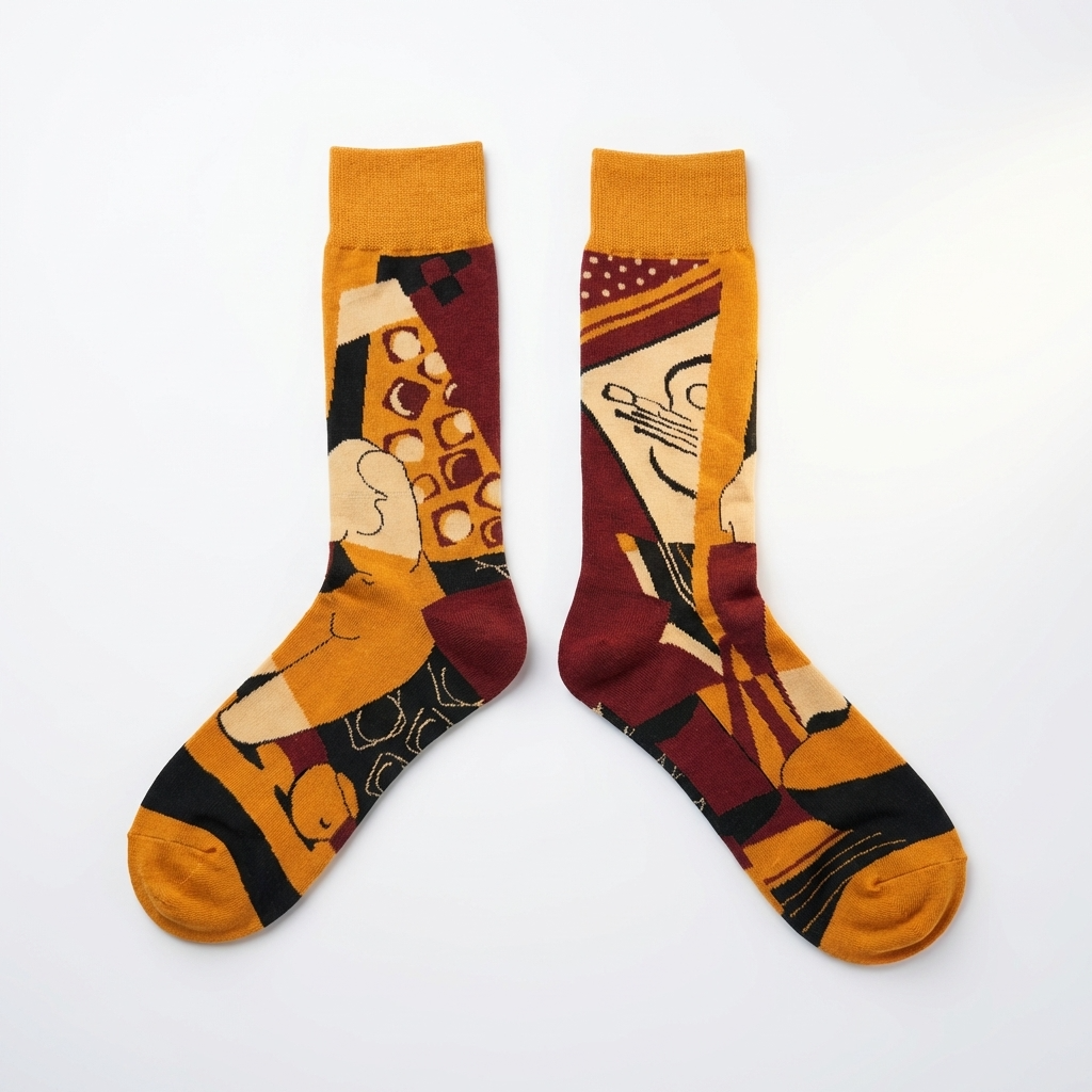Pair of socks with artistic designs on a white background