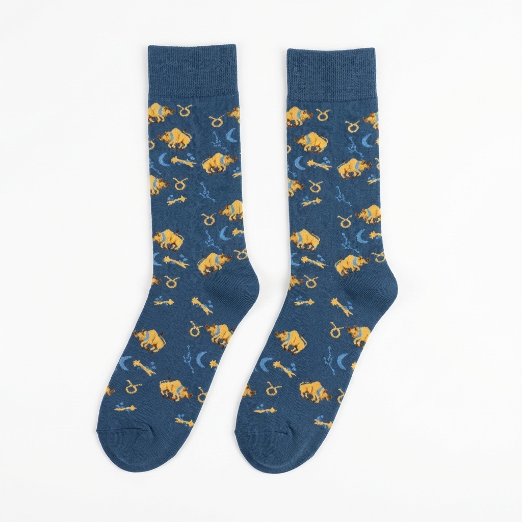 Pair of blue socks with yellow pattern on a white background