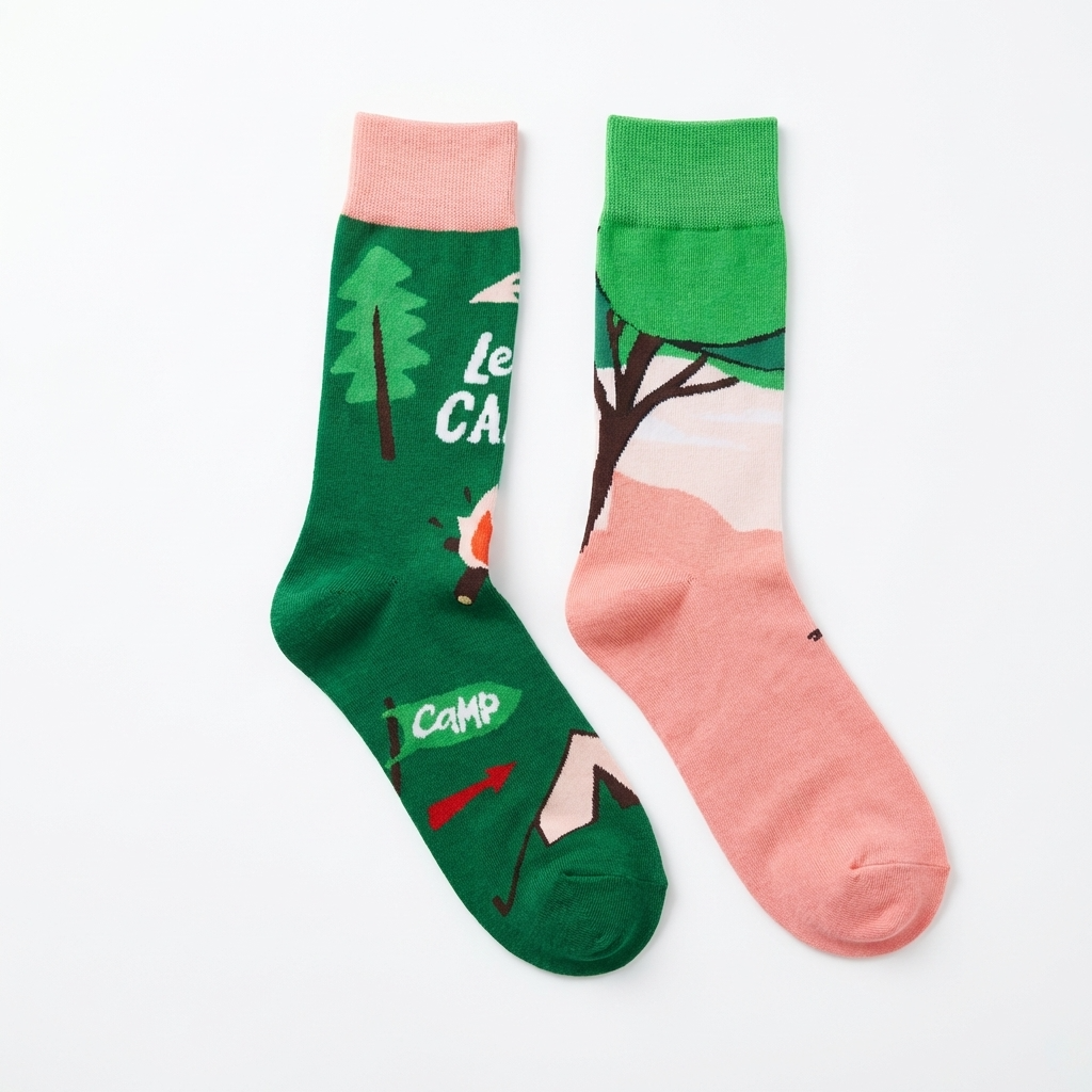 Two socks with camping-themed designs on a white background