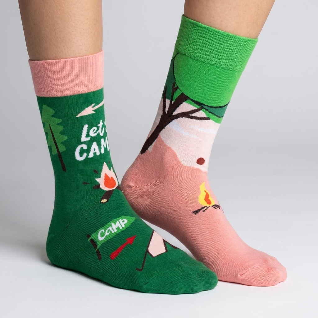 Green camping-themed socks with pink accents worn by a person on a gray background